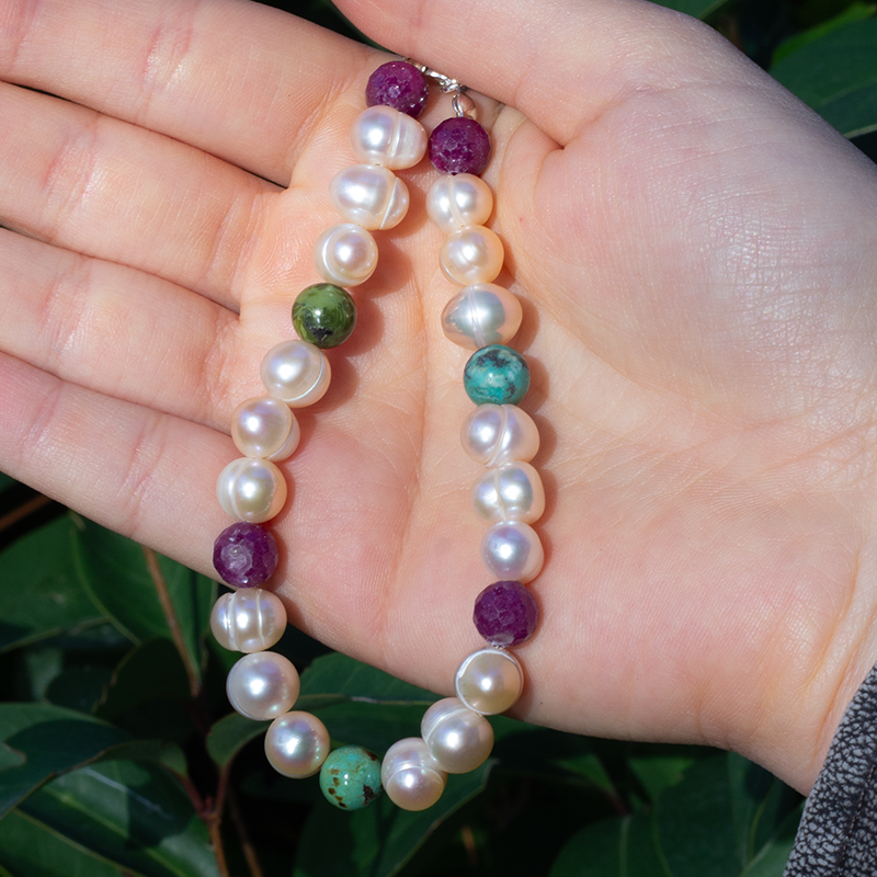Pearl - Ruby - Turquoise Natural Stone Silver Bracelet