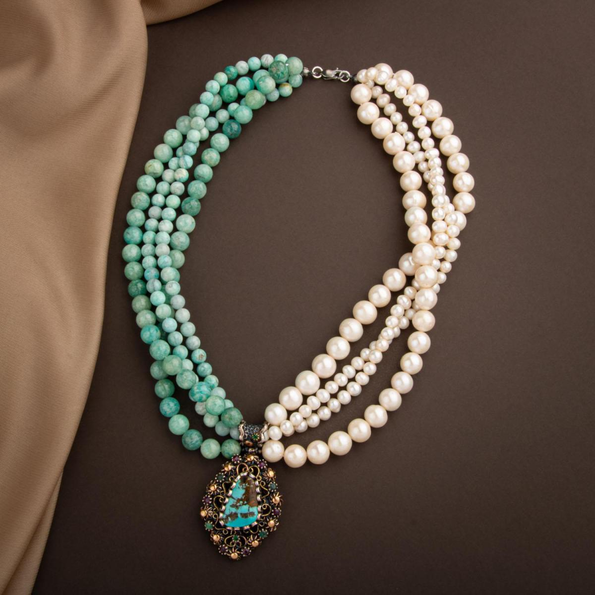 Pearl-Amazonite Natural Stone Handcrafted Collection Turquoise Necklace