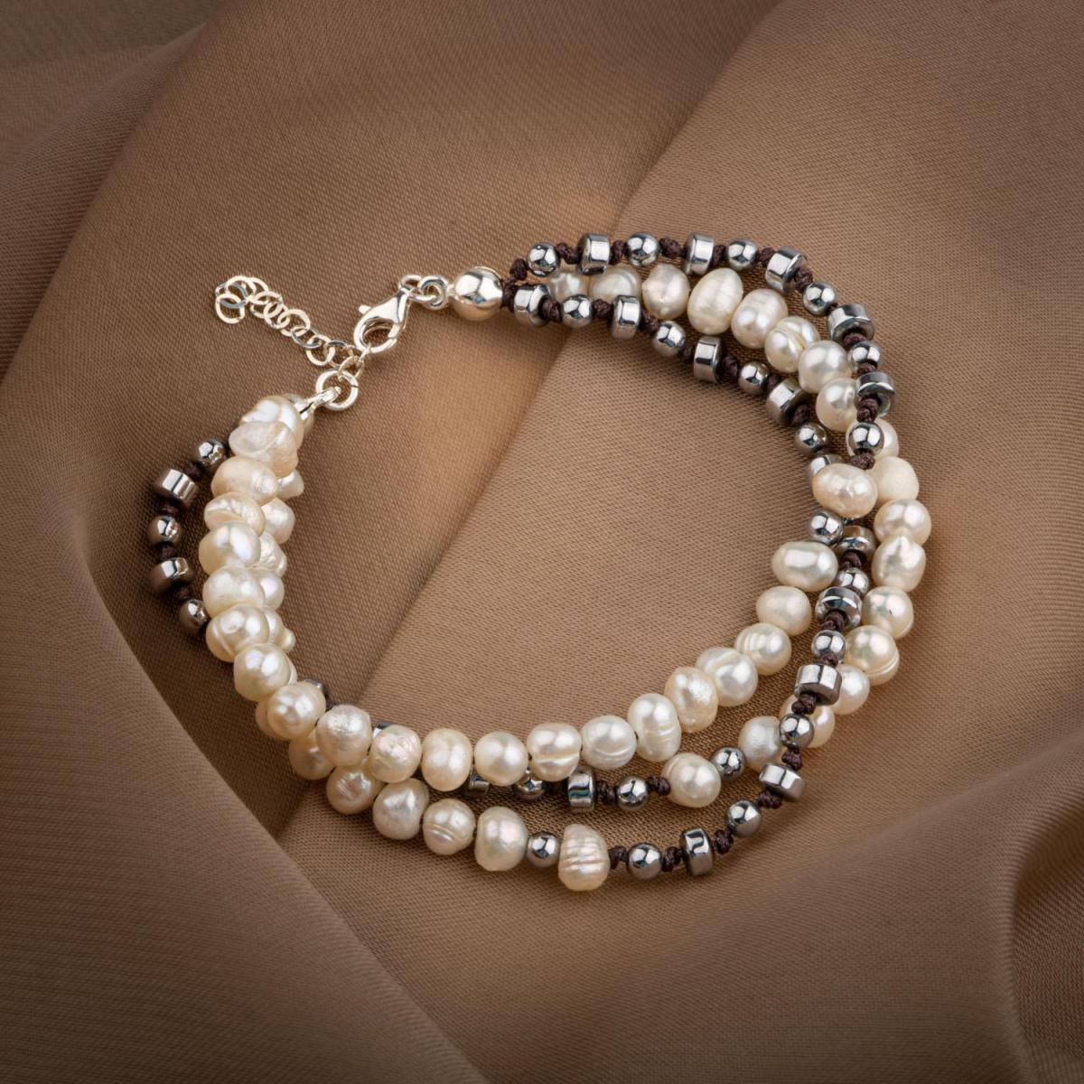 Pearl-Hematite Natural Stone Silver Design Bracelet