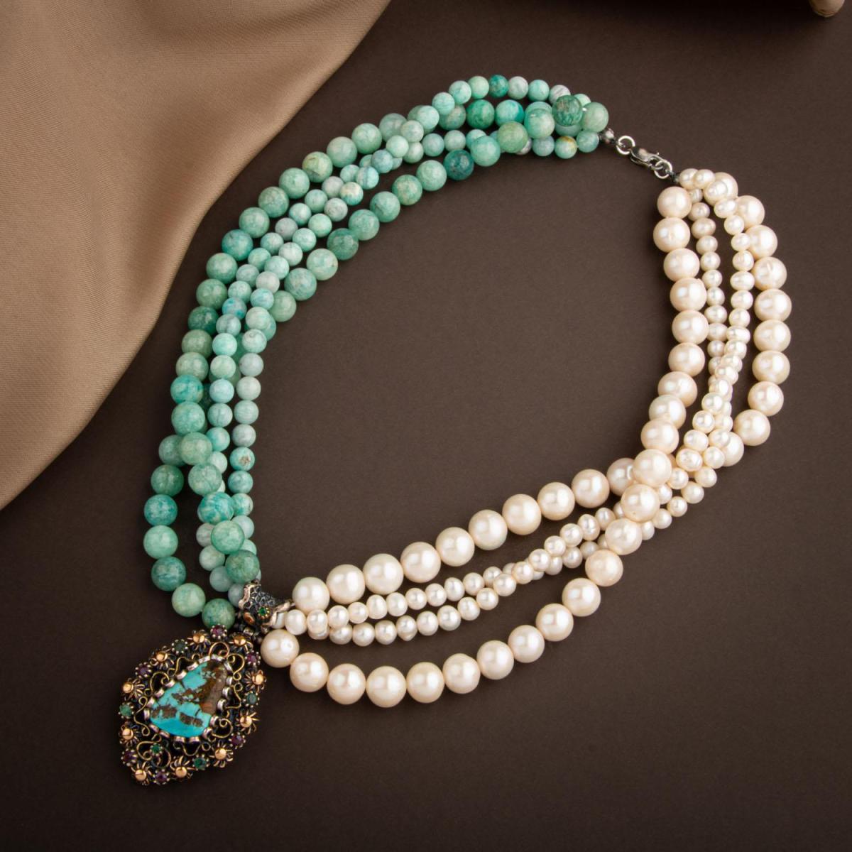 Pearl-Amazonite Natural Stone Handcrafted Collection Turquoise Necklace