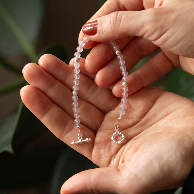 Pink Quartz Natural Stone Silver Bracelet
