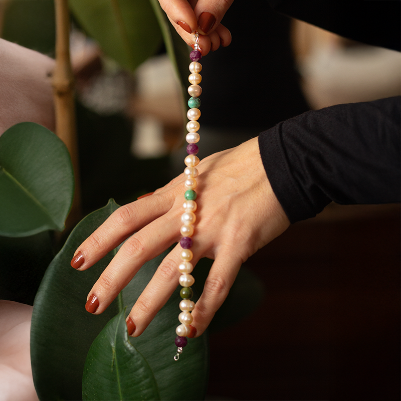 Pearl - Ruby - Turquoise Natural Stone Silver Bracelet
