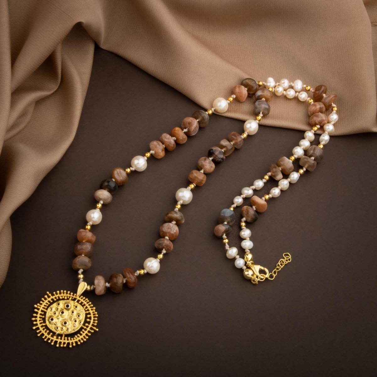 Sun Stone-Pearl Natural Stone Silver Design Necklace