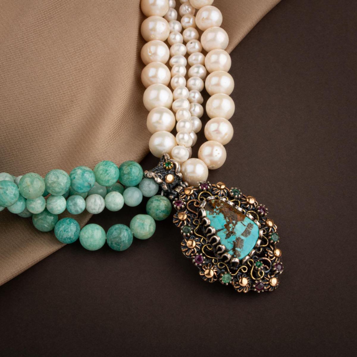 Pearl-Amazonite Natural Stone Handcrafted Collection Turquoise Necklace