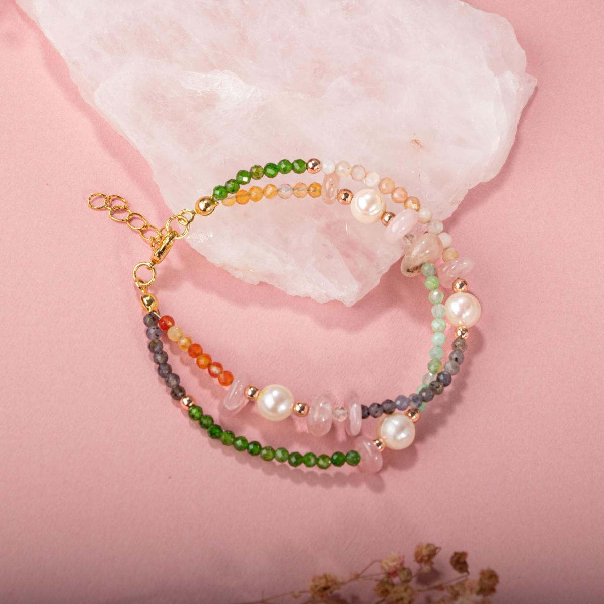 Carnelian Agate-Iyolite-Pink Opal-Pearl-Pink Quartz-Hematite-Diopside-Prehnite Natural Stone Bracelet