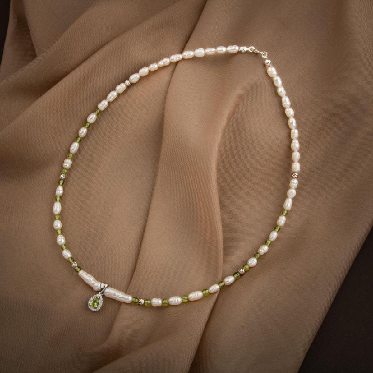 Pearl-Zebercet Peridot Natural Stone Silver Design Necklace