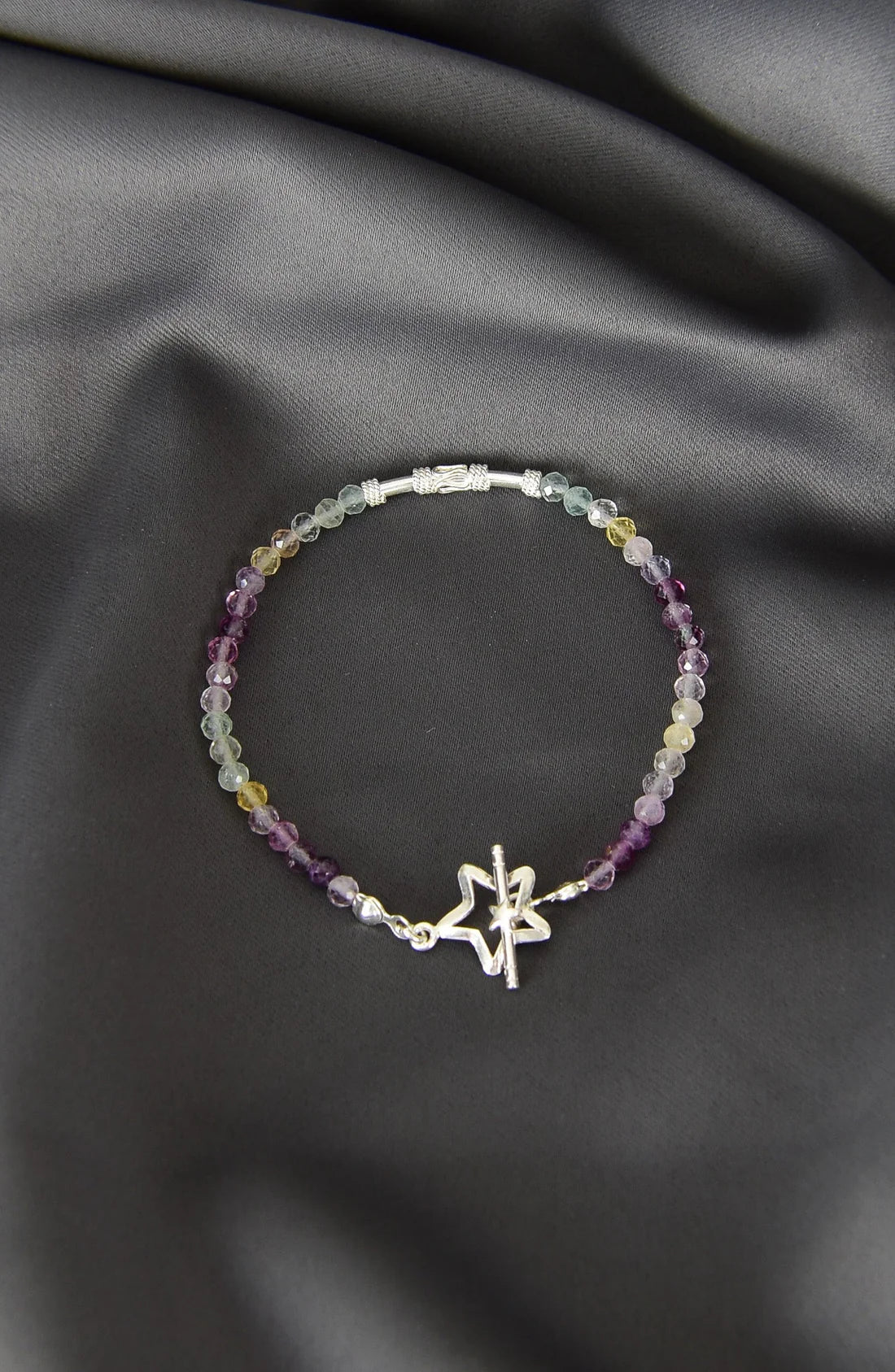 Fluorite Natural Stone 925 Sterling Silver Closing Bracelet