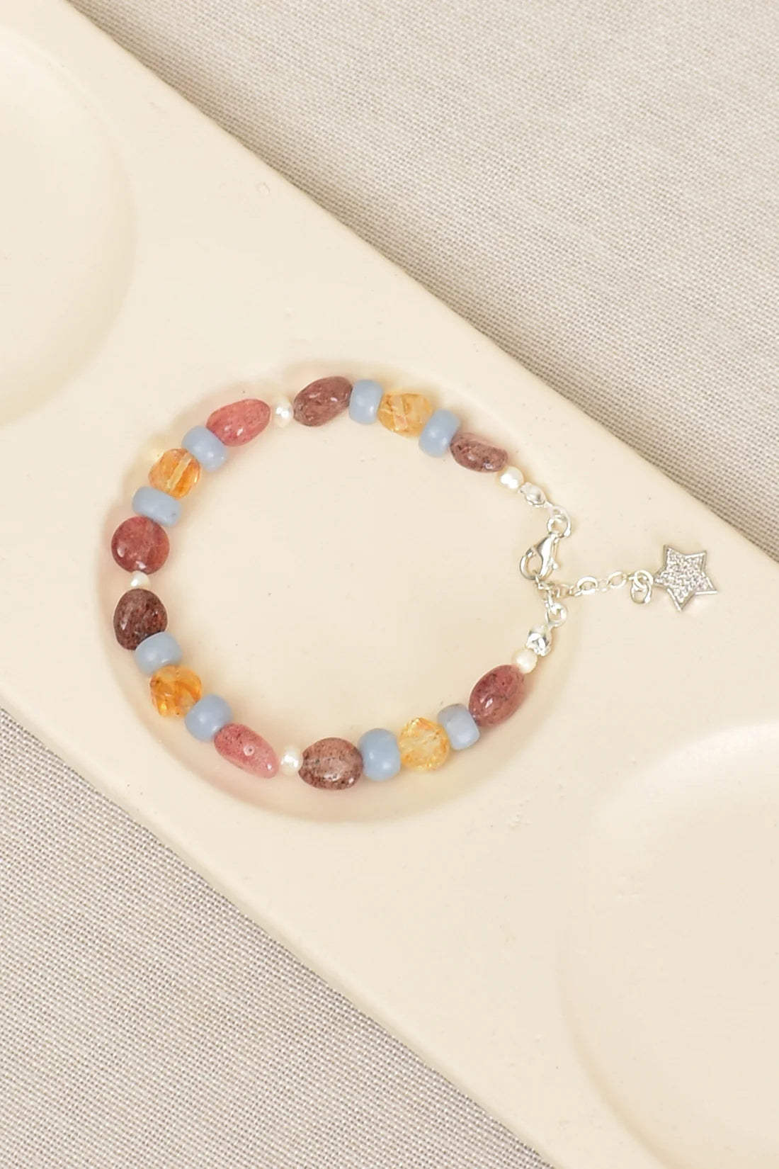 Pearl - Angelite - Citrine - Strawberry Quartz Natural Stone Silver Clasp Bracelet