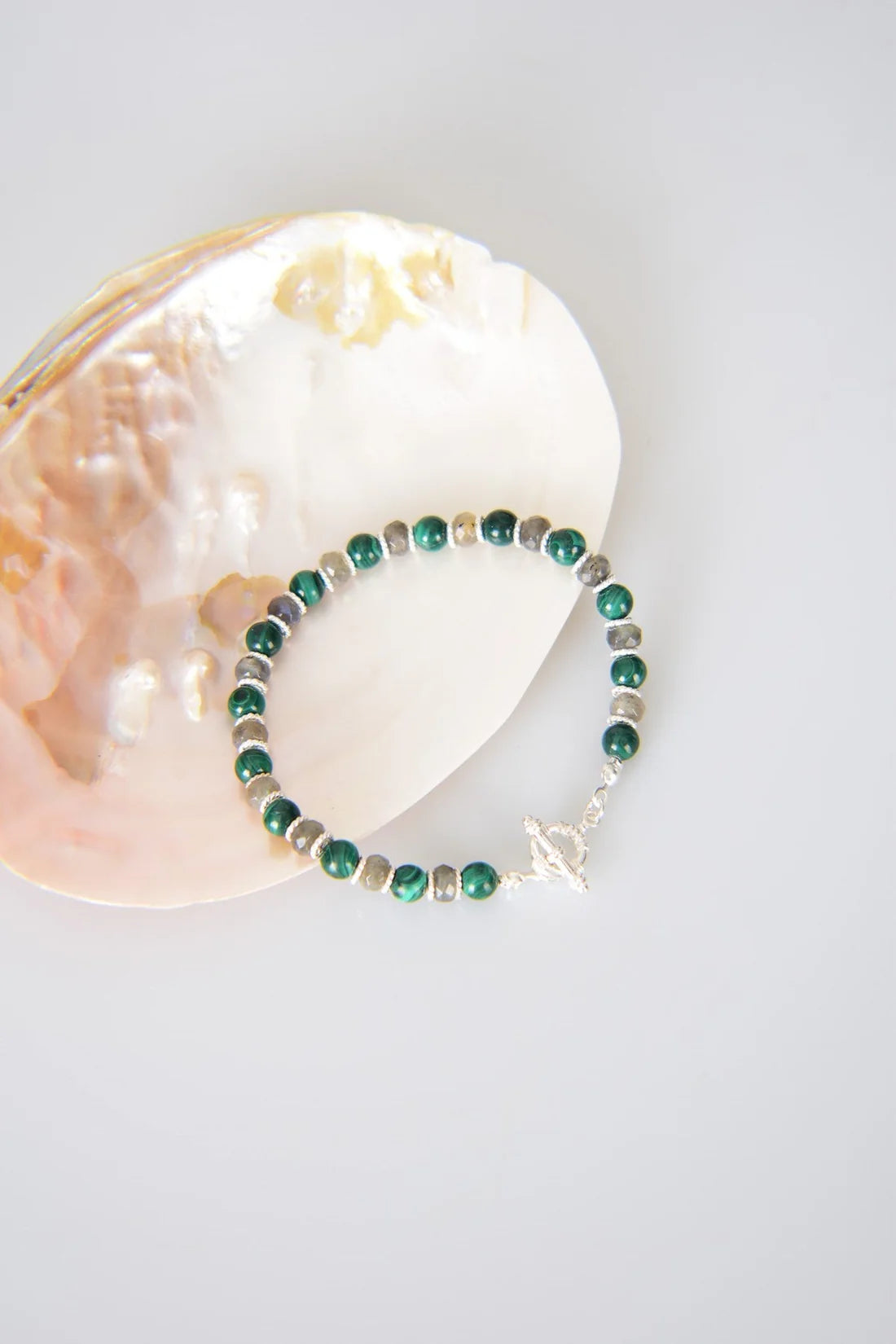Malachite - Labradorite Natural Stone 925 Sterling Silver Closing Bracelet