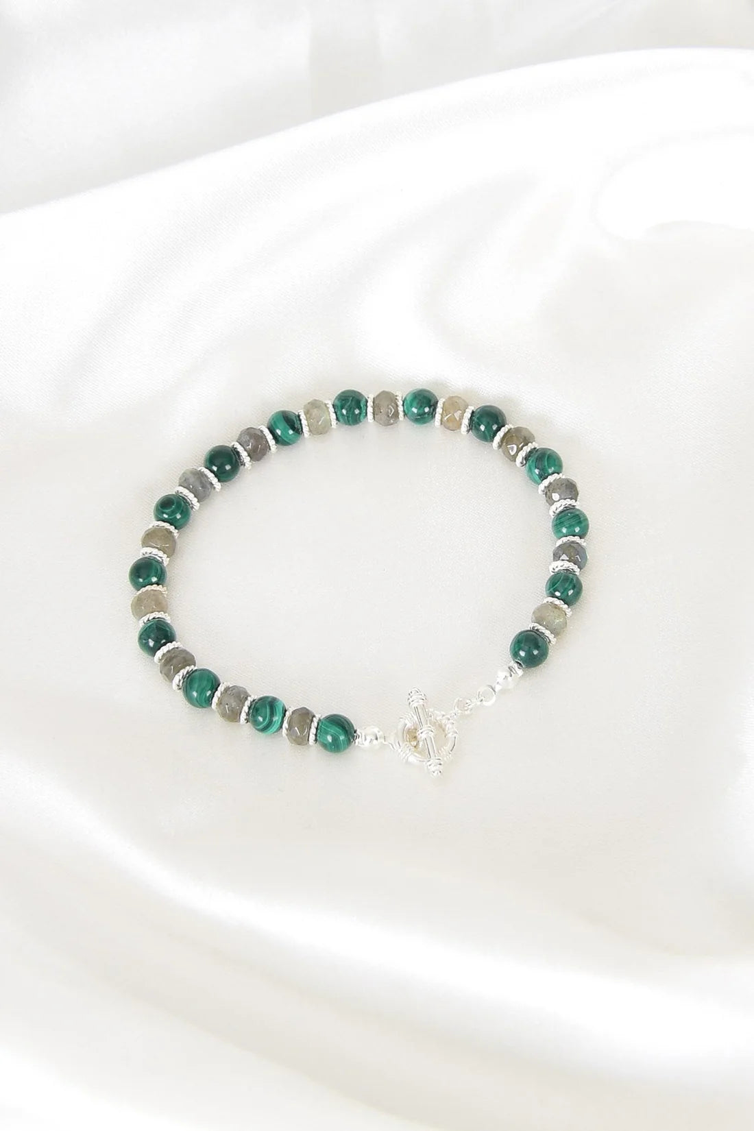 Malachite - Labradorite Natural Stone 925 Sterling Silver Closing Bracelet