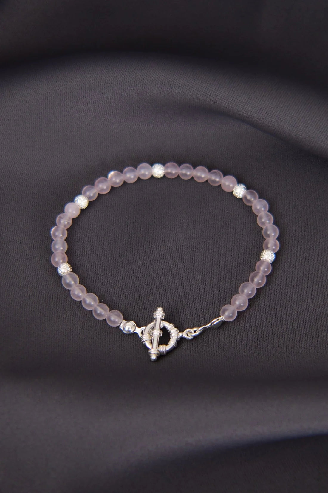 Pink Quartz Natural Stone 925 Sterling Silver Closing Bracelet