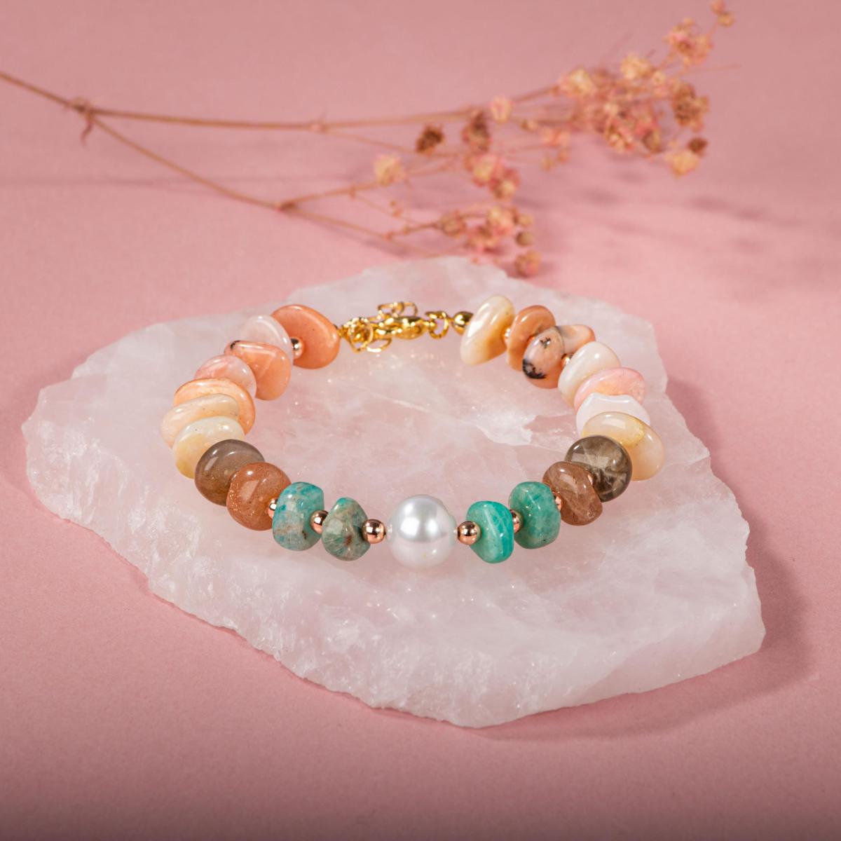 Rhodonite-Sunstone-Amozanite-Pearl Natural Stone Bracelet