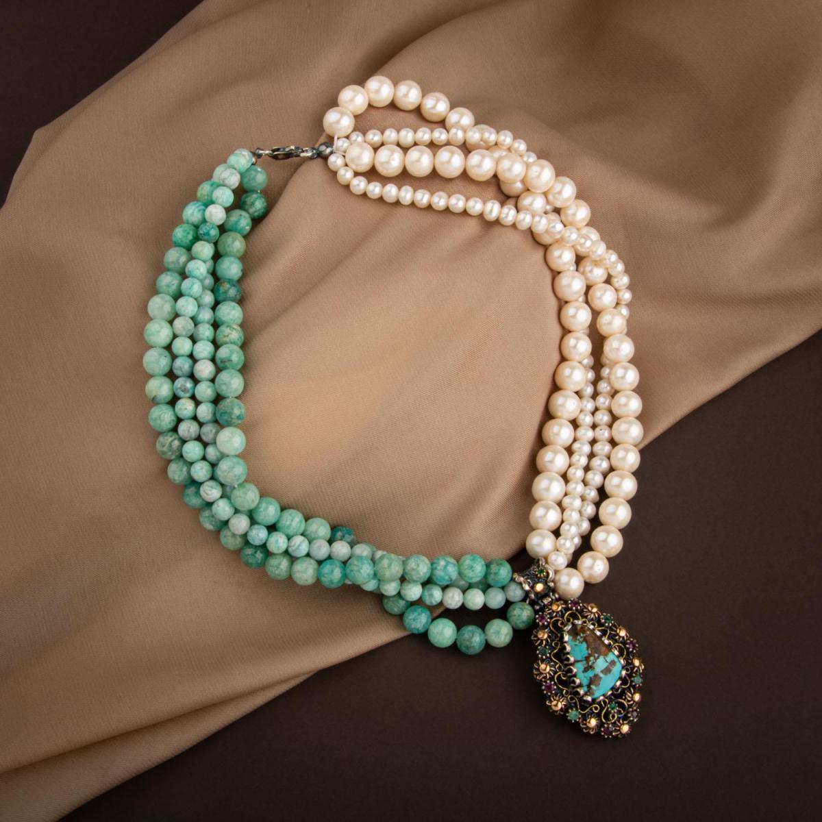 Pearl-Amazonite Natural Stone Handcrafted Collection Turquoise Necklace
