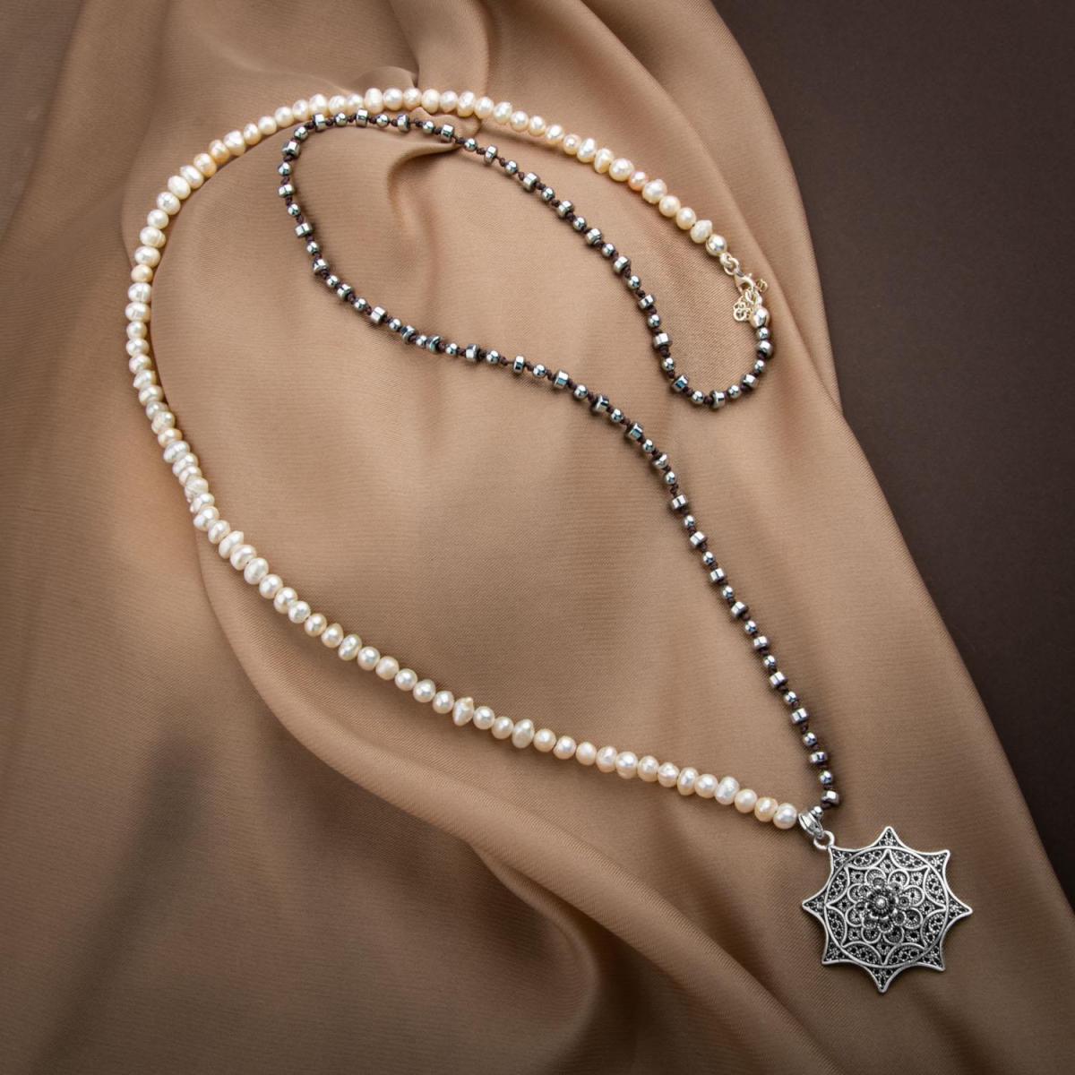 Pearl-Hematite Natural Stone Filigree Silver Design Necklace