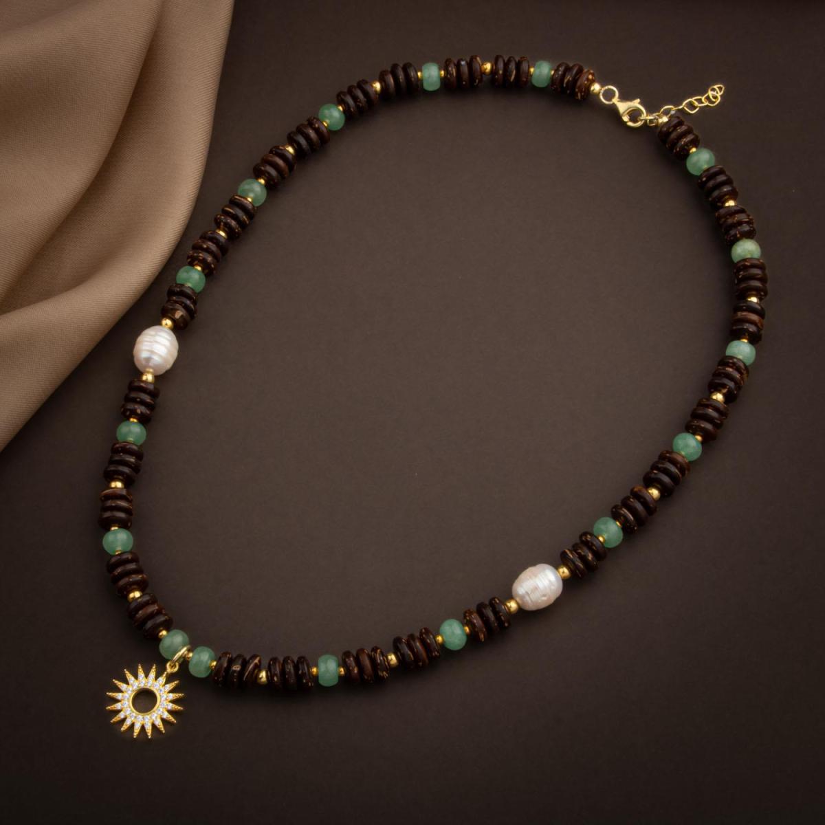 Coconut Shell-Green Aventurine-Pearl Natural Stone Silver Design Necklace