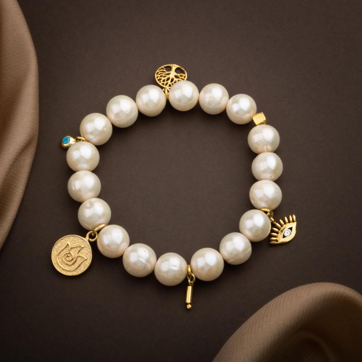 Pearl Natural Stone Silver Charm Bracelet