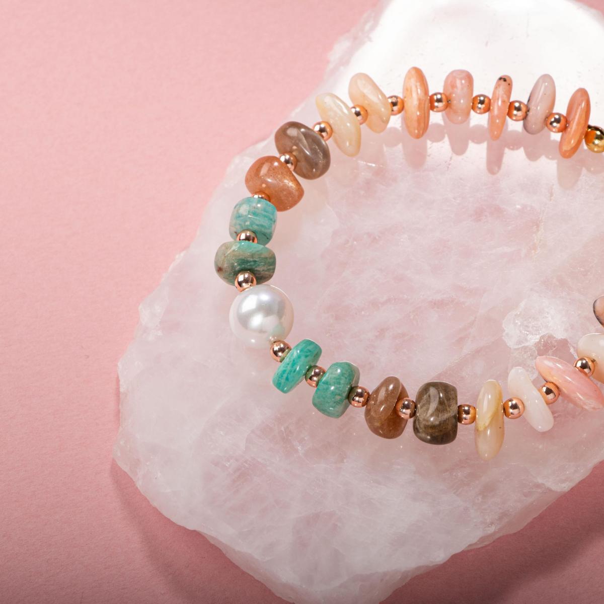 Rhodonite-Sunstone-Amozanite-Pearl Natural Stone Bracelet
