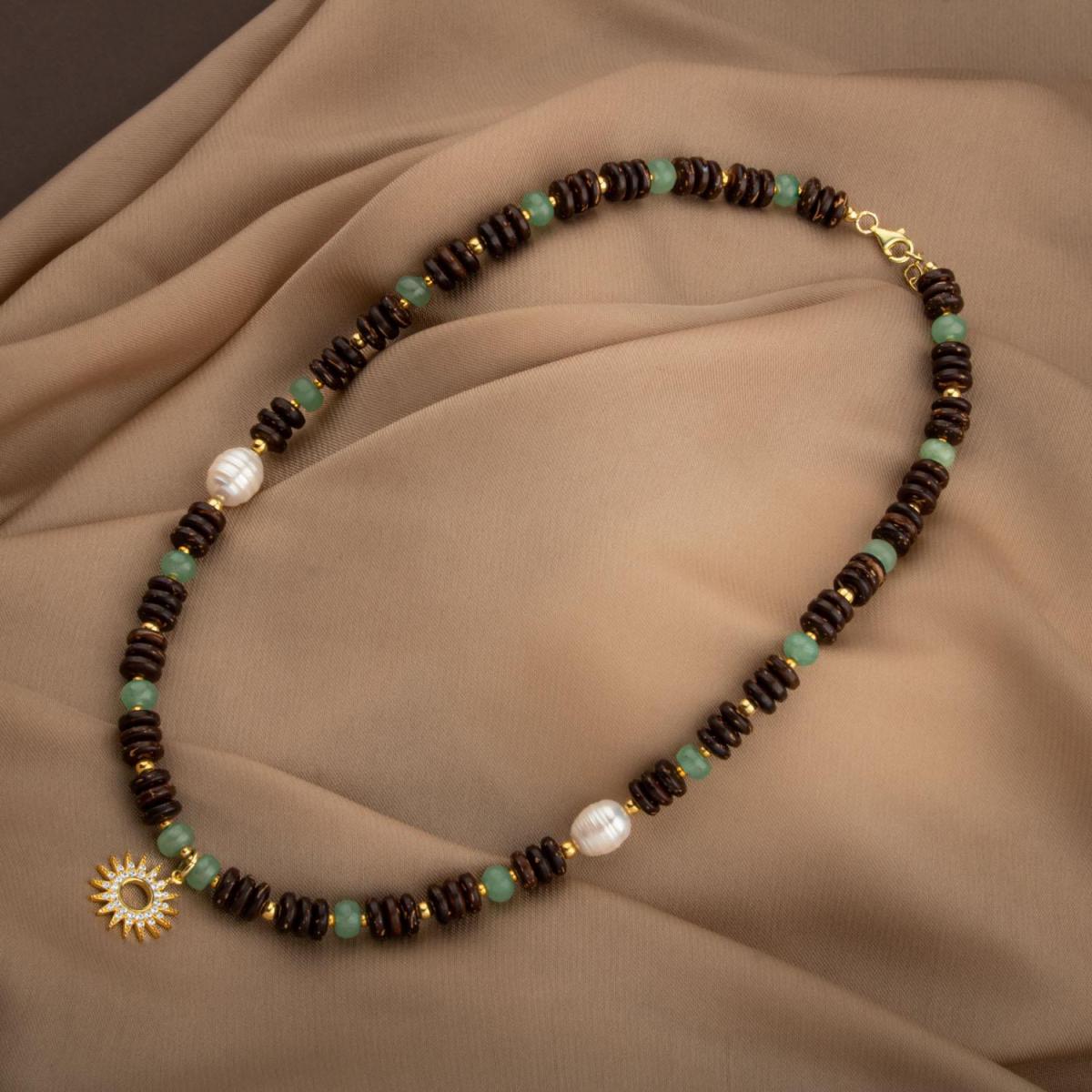 Coconut Shell-Green Aventurine-Pearl Natural Stone Silver Design Necklace