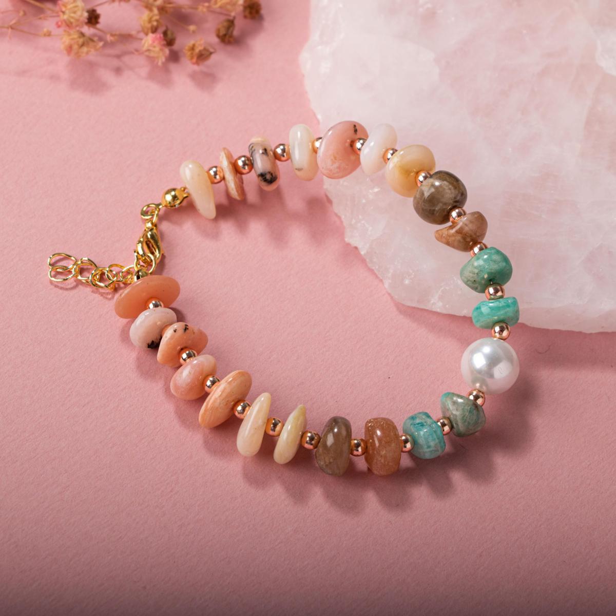 Rhodonite-Sunstone-Amozanite-Pearl Natural Stone Bracelet