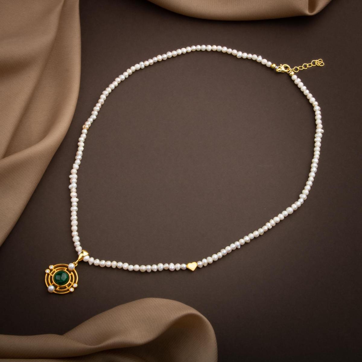 Malachite Stone Pearl Natural Stone Silver Design Necklace