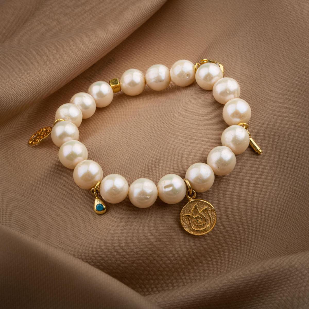 Pearl Natural Stone Silver Charm Bracelet