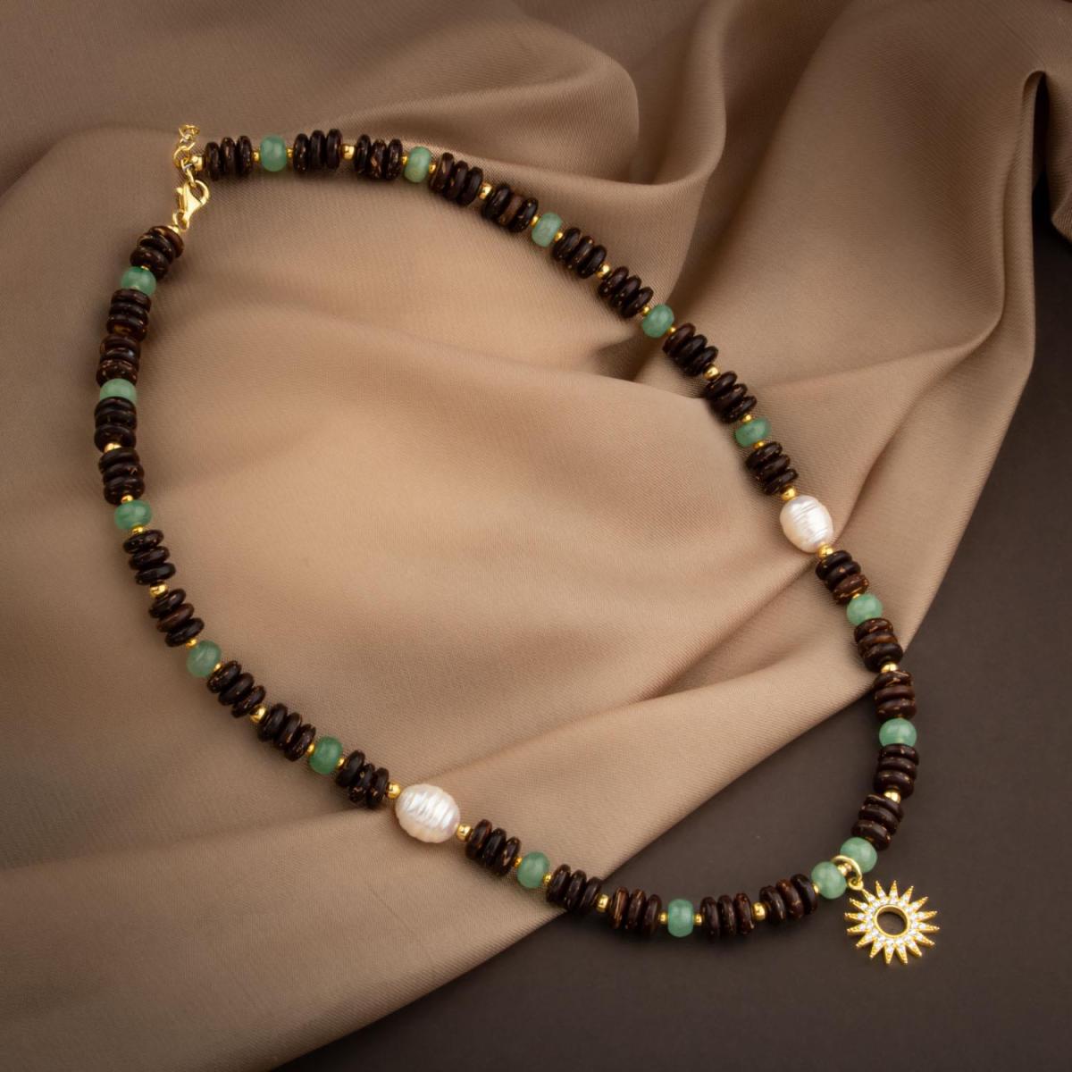 Coconut Shell-Green Aventurine-Pearl Natural Stone Silver Design Necklace