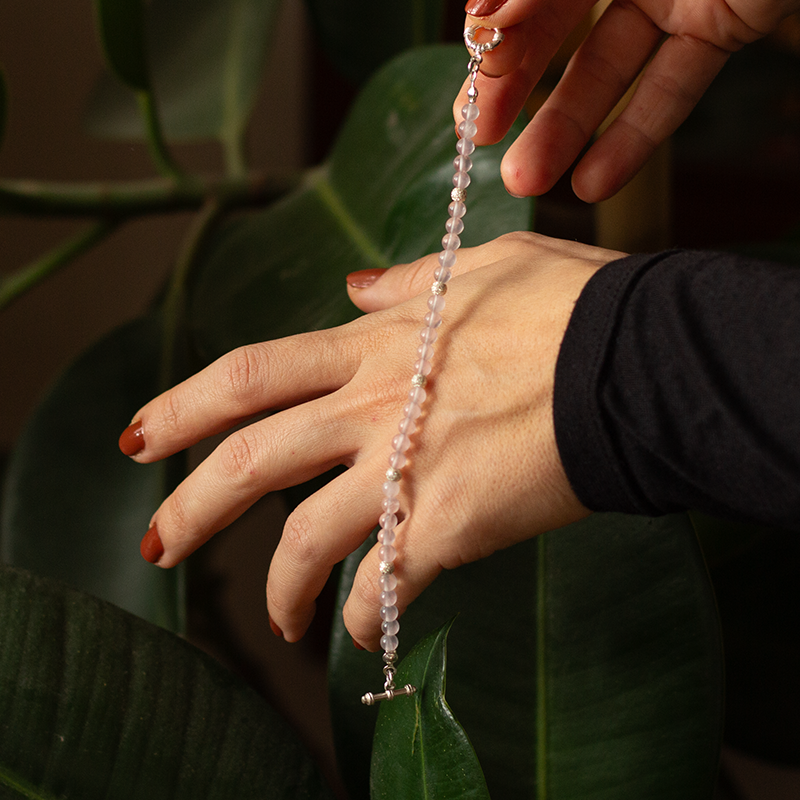 Pink Quartz Natural Stone Silver Bracelet