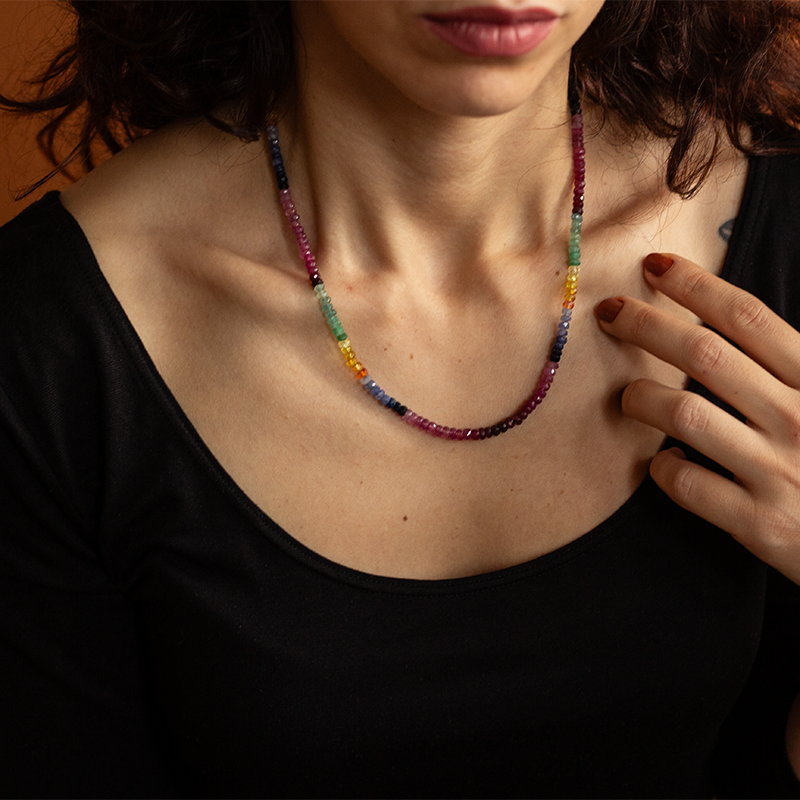 Ruby Emerald Sapphire Natural Stone Silver Necklace