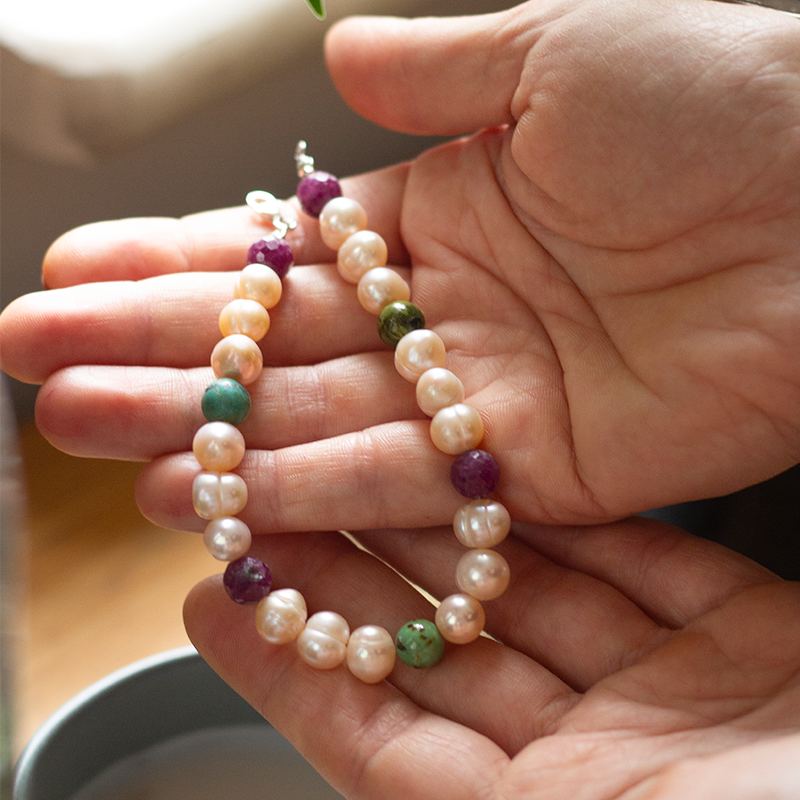 Pearl - Ruby - Turquoise Natural Stone Silver Bracelet