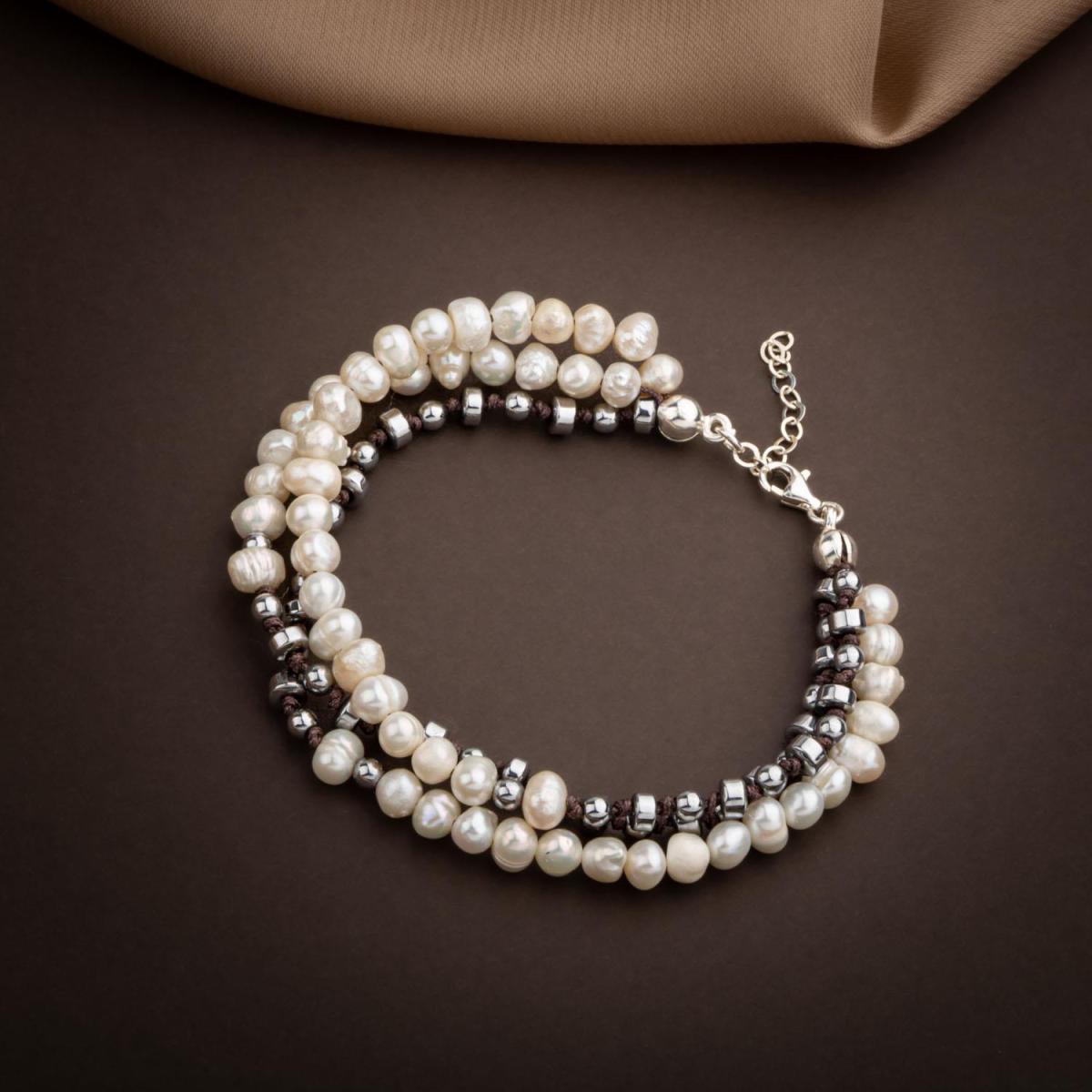 Pearl-Hematite Natural Stone Silver Design Bracelet