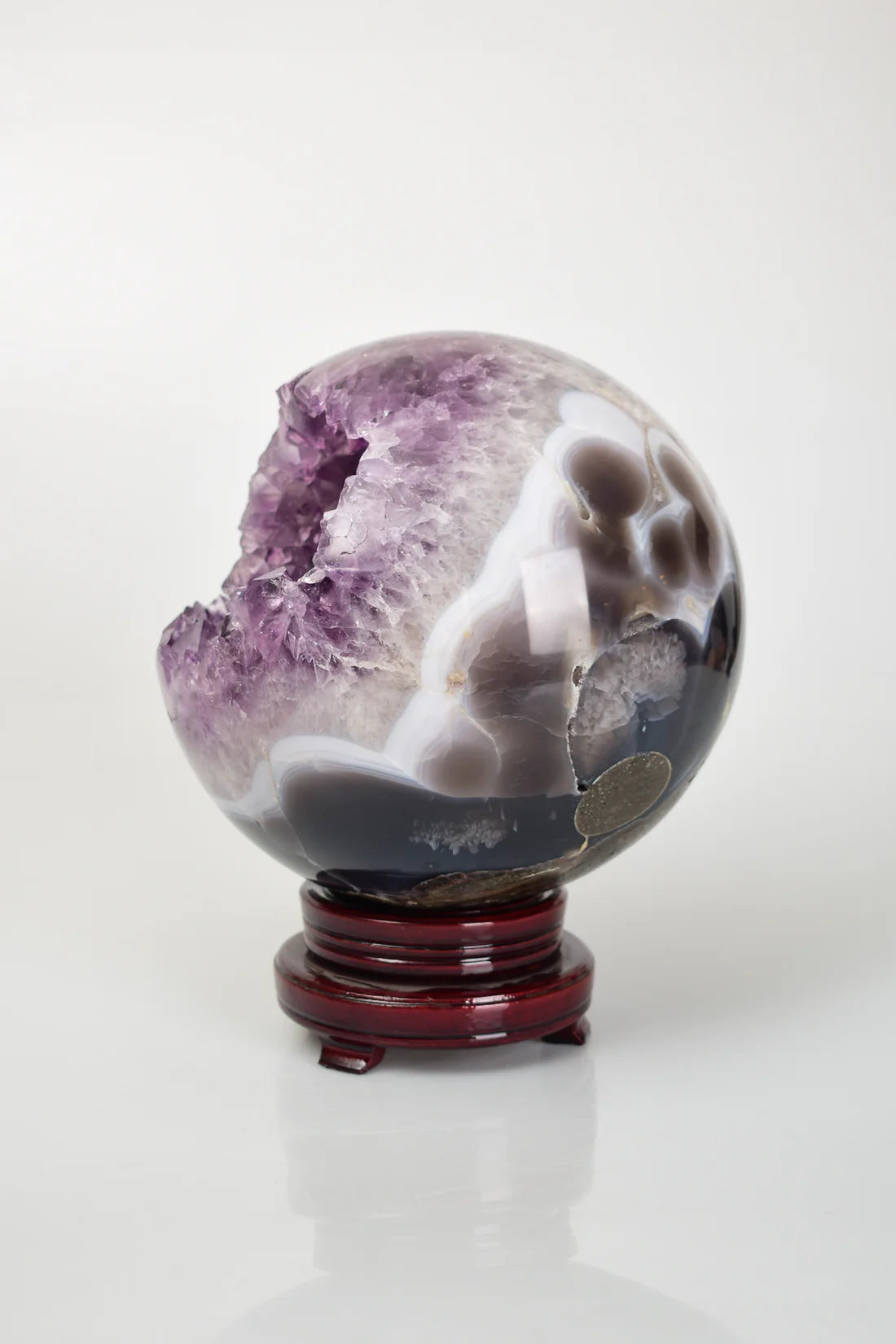 Amethyst Natural Stone Sphere Geode with Wooden Stand