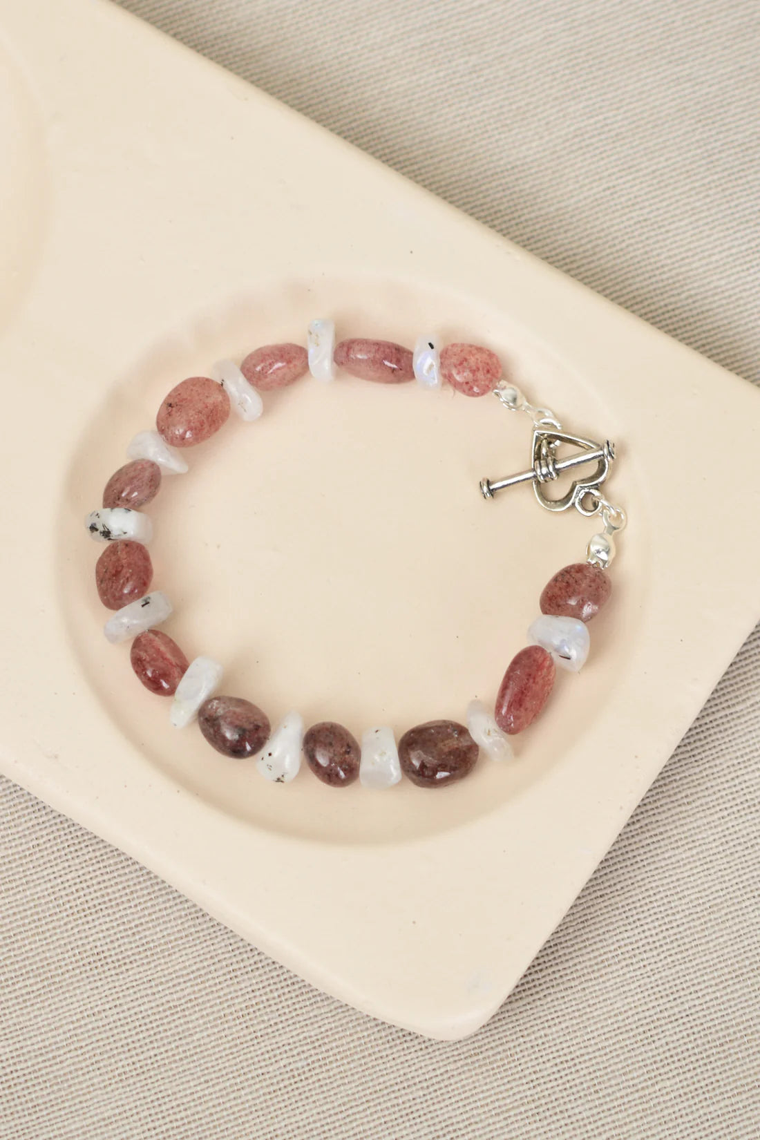 Moonstone - Strawberry Quartz Natural Stone Silver Clasp Bracelet