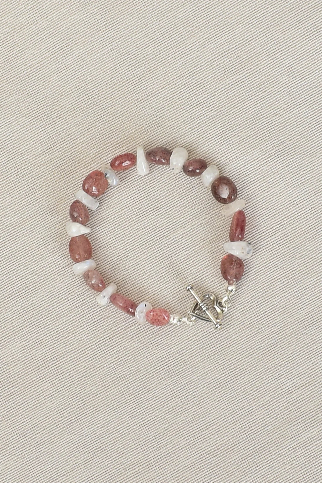 Moonstone - Strawberry Quartz Natural Stone Silver Clasp Bracelet