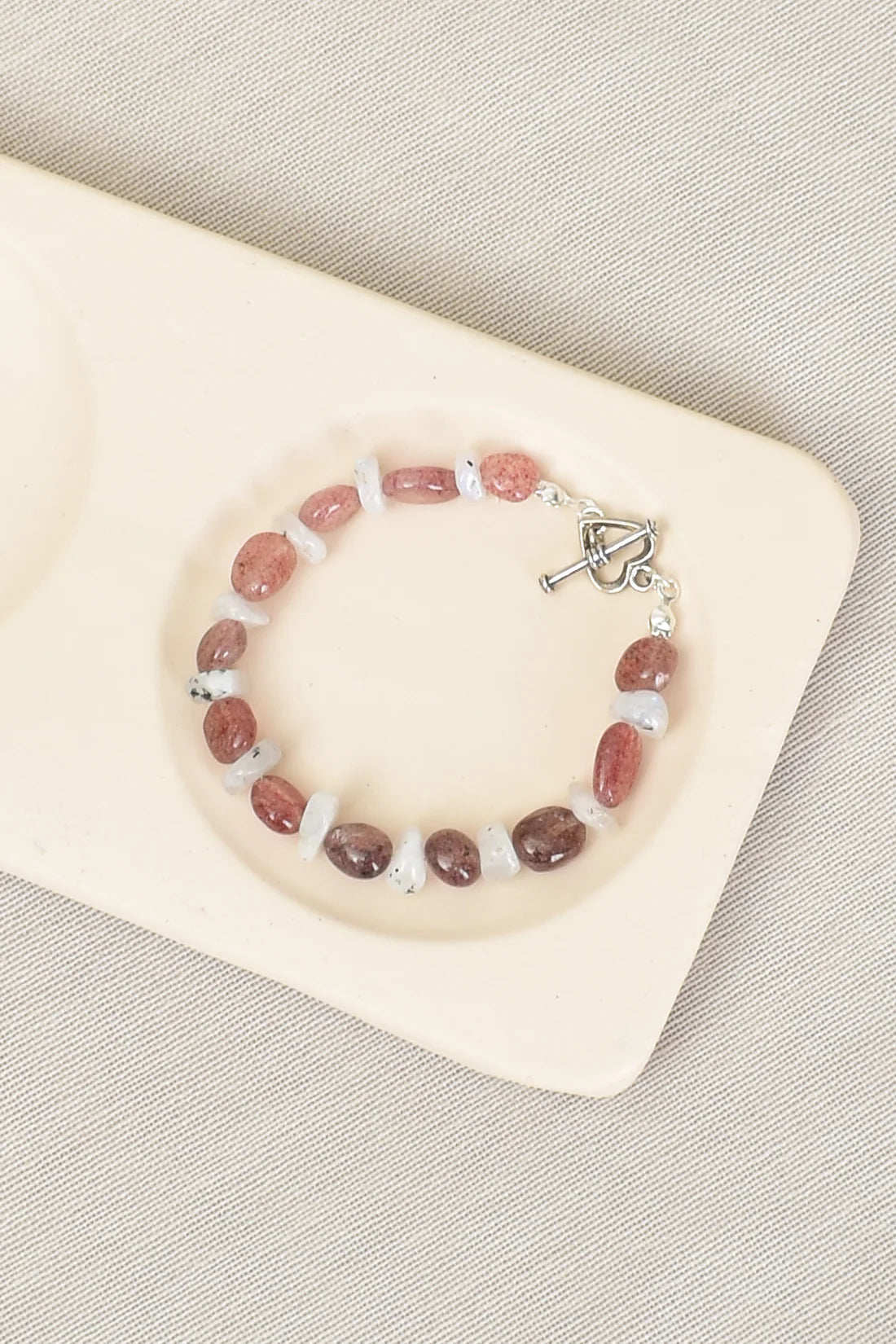 Moonstone - Strawberry Quartz Natural Stone Silver Clasp Bracelet