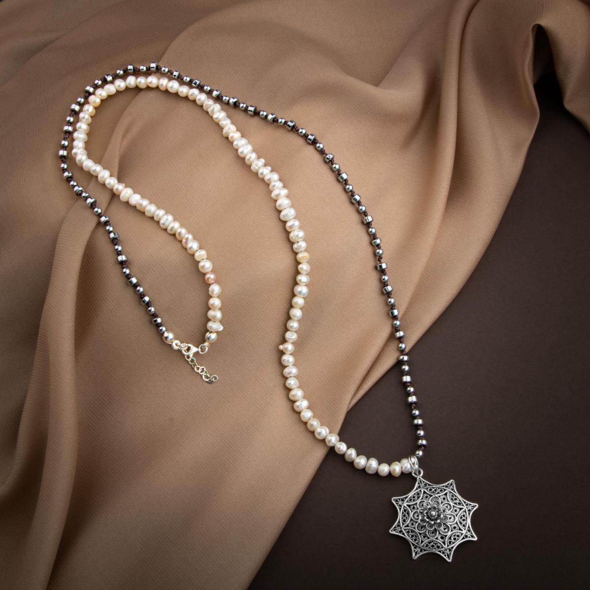 Pearl-Hematite Natural Stone Filigree Silver Design Necklace