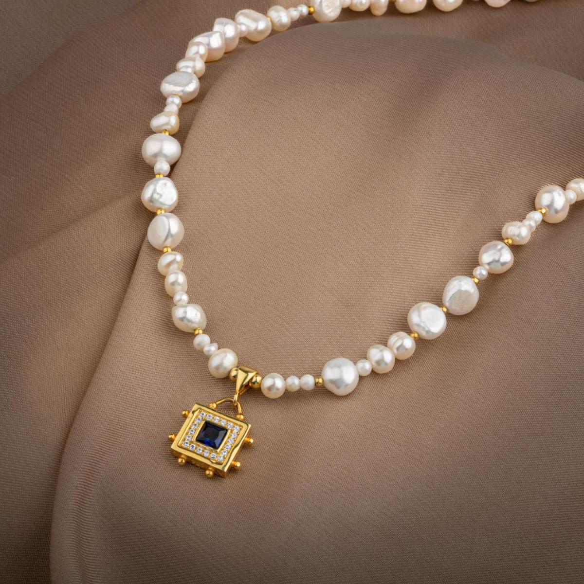 Lapis Lazuli Pearl Natural Stone Silver Design Necklace