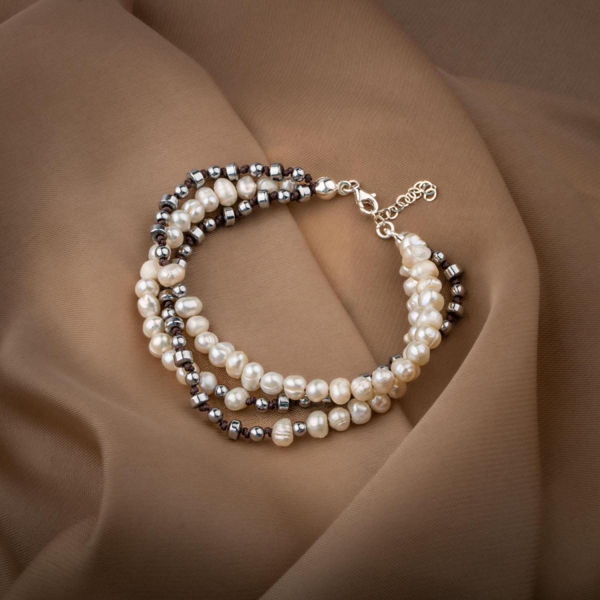 Pearl-Hematite Natural Stone Silver Design Bracelet