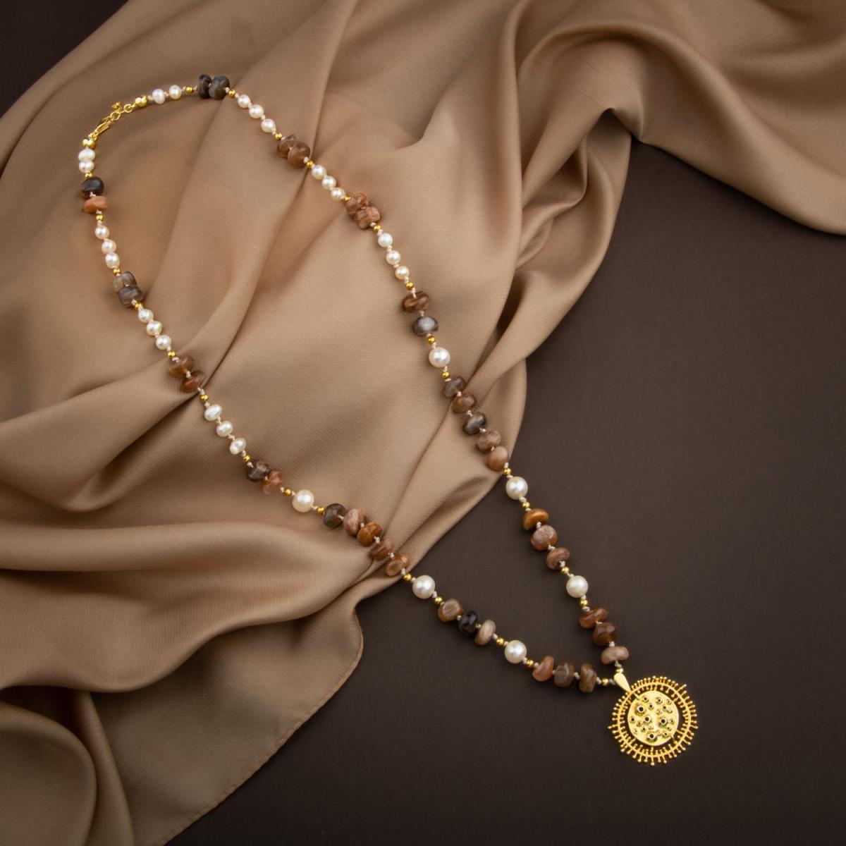 Sun Stone-Pearl Natural Stone Silver Design Necklace