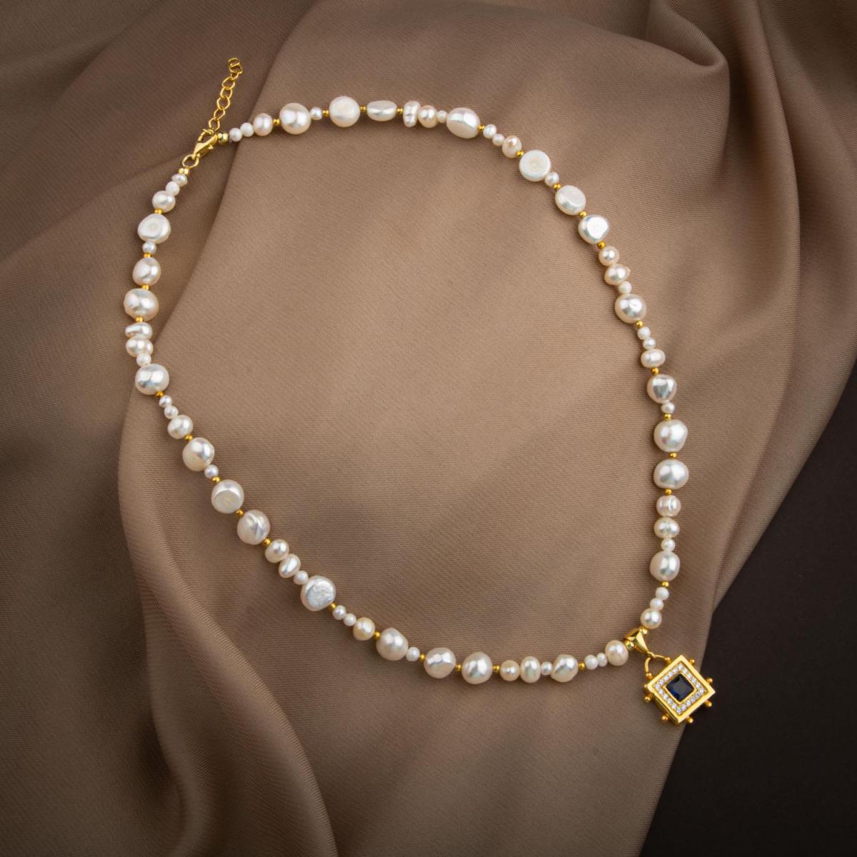 Lapis Lazuli Pearl Natural Stone Silver Design Necklace