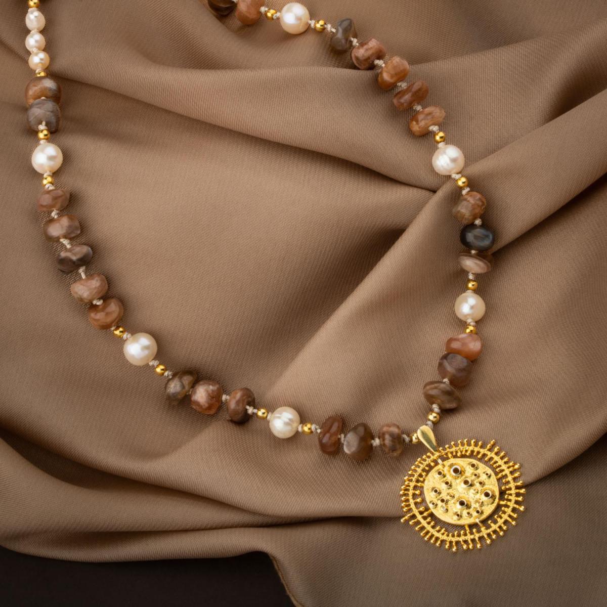 Sun Stone-Pearl Natural Stone Silver Design Necklace