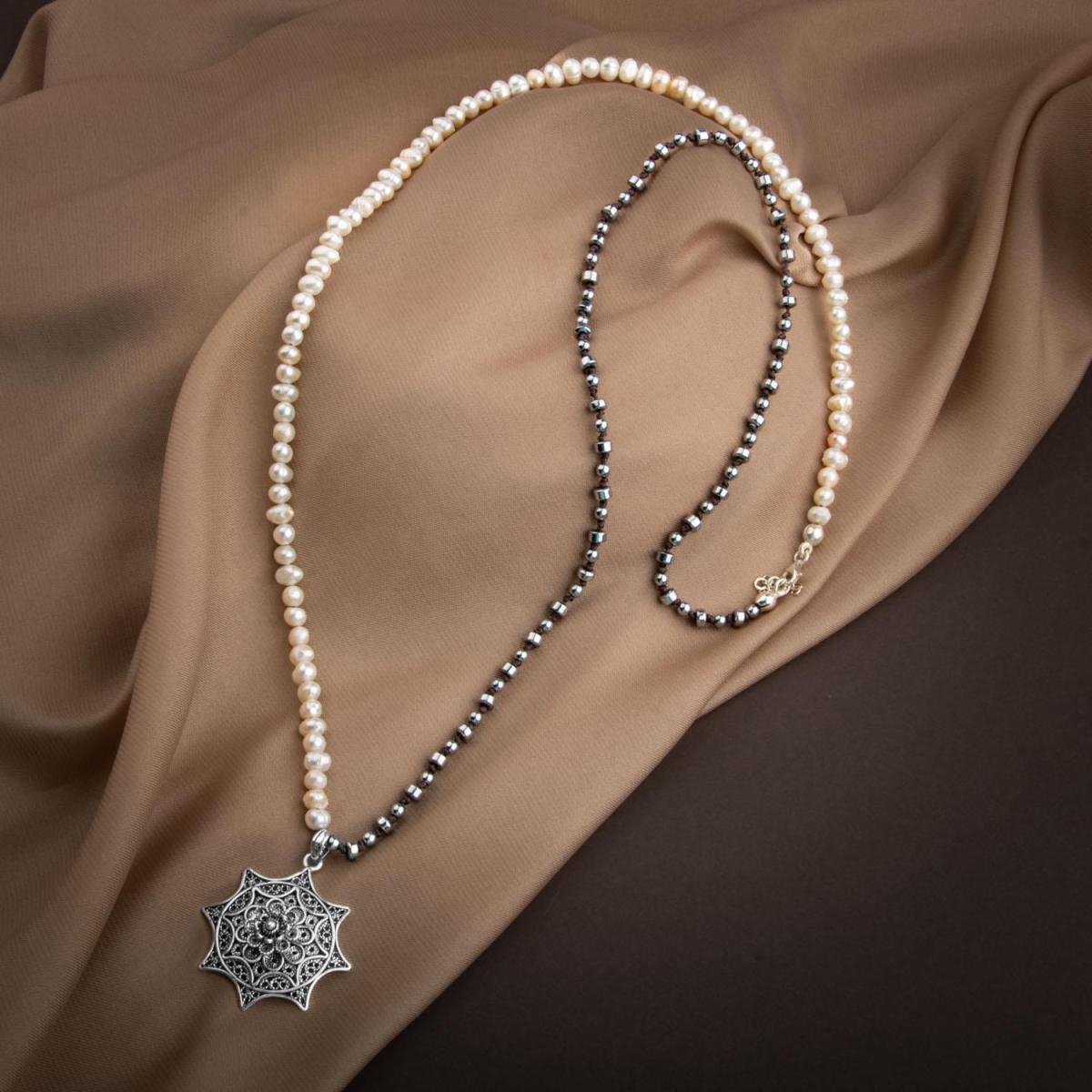 Pearl-Hematite Natural Stone Filigree Silver Design Necklace