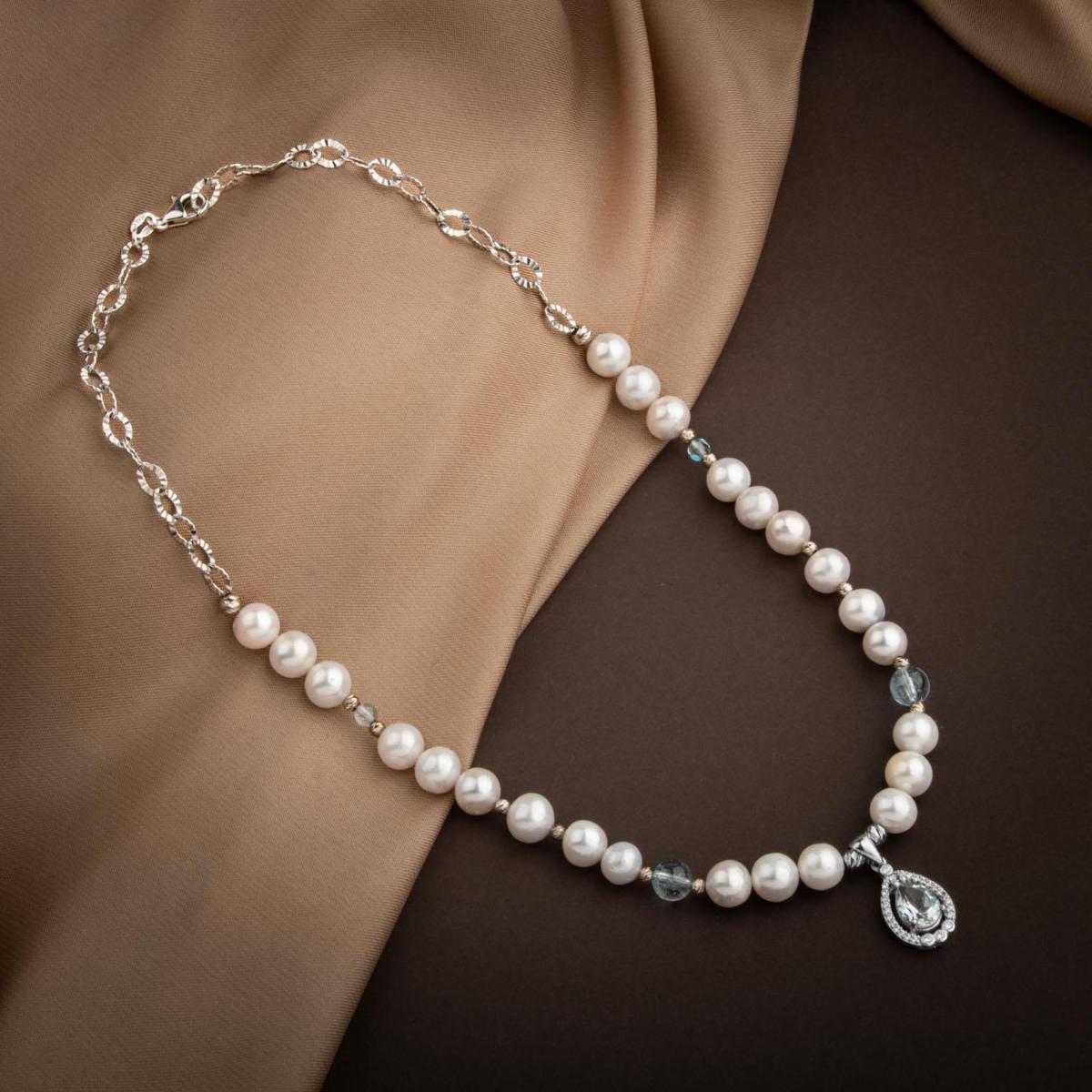 Topaz Silver Pendant-Topaz-Pearl Natural Stone Silver Necklace