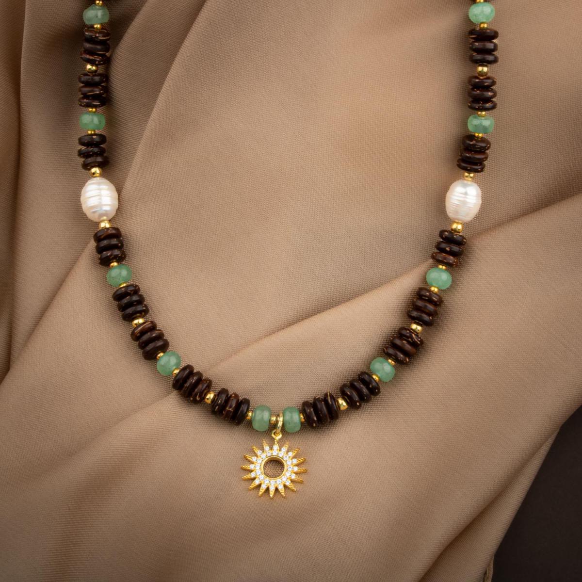Coconut Shell-Green Aventurine-Pearl Natural Stone Silver Design Necklace