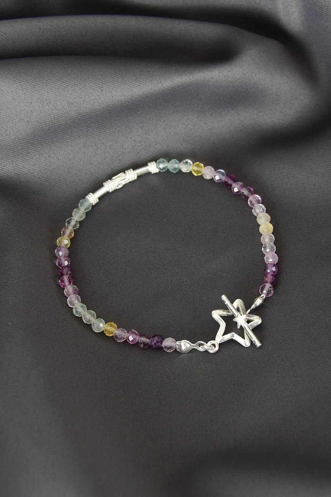 Fluorite Natural Stone 925 Sterling Silver Closing Bracelet