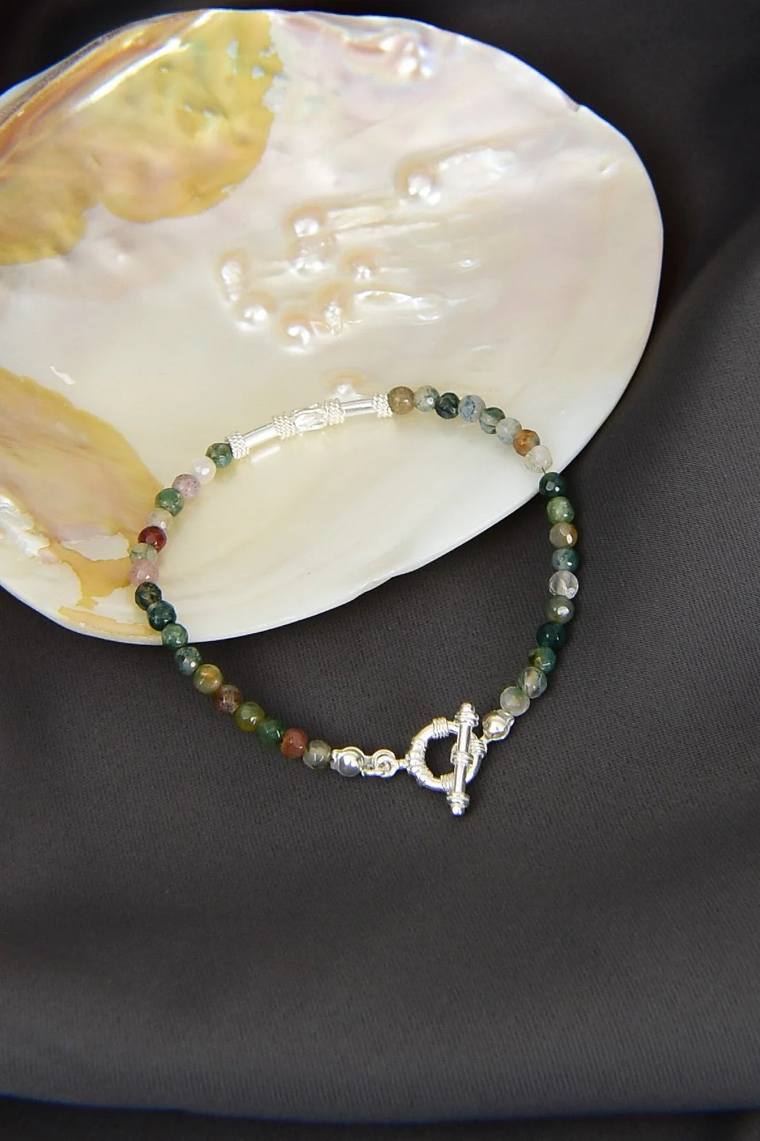 Indian Agate Natural Stone 925 Sterling Silver Closing Bracelet