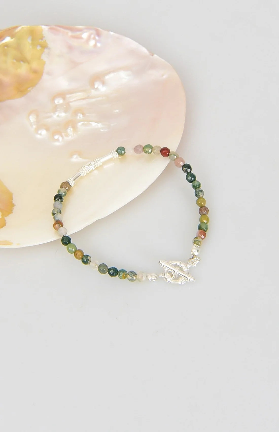 Indian Agate Natural Stone 925 Sterling Silver Closing Bracelet