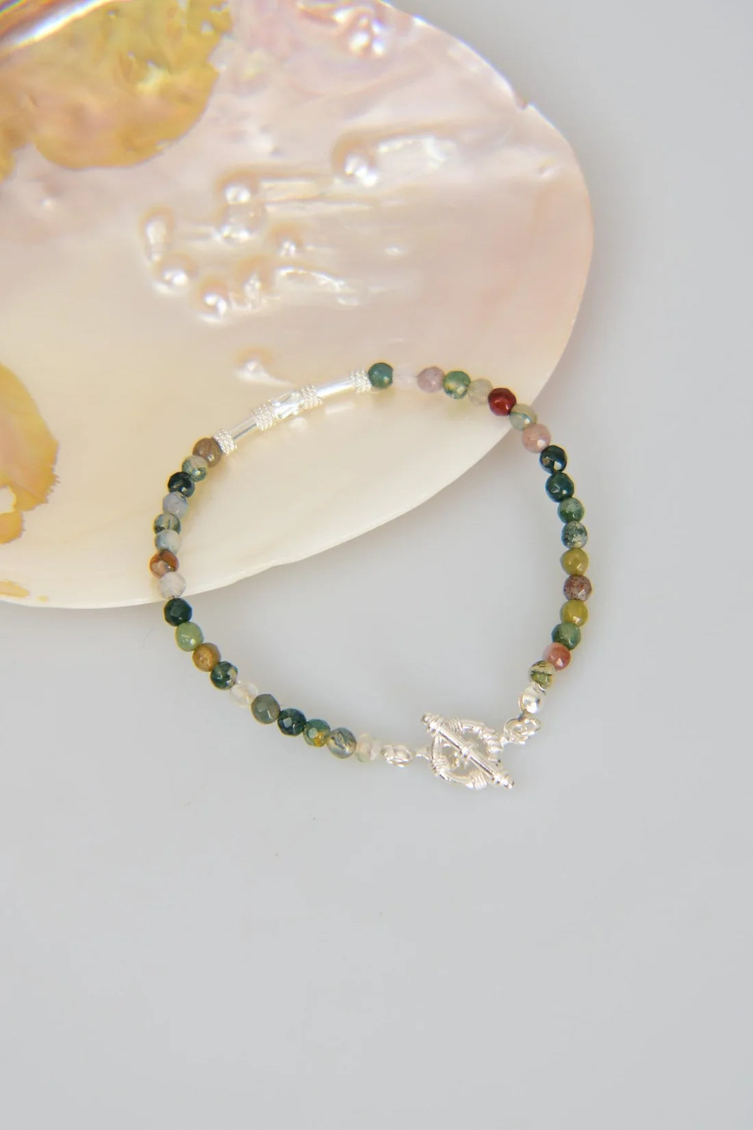 Indian Agate Natural Stone 925 Sterling Silver Closing Bracelet