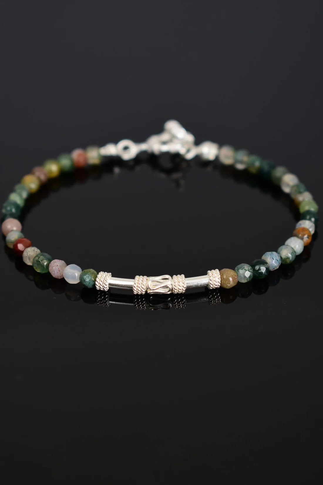 Indian Agate Natural Stone 925 Sterling Silver Closing Bracelet