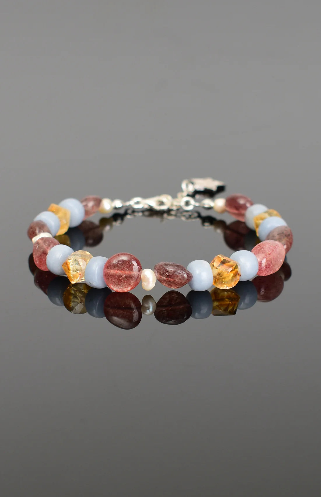 Pearl - Angelite - Citrine - Strawberry Quartz Natural Stone Silver Clasp Bracelet