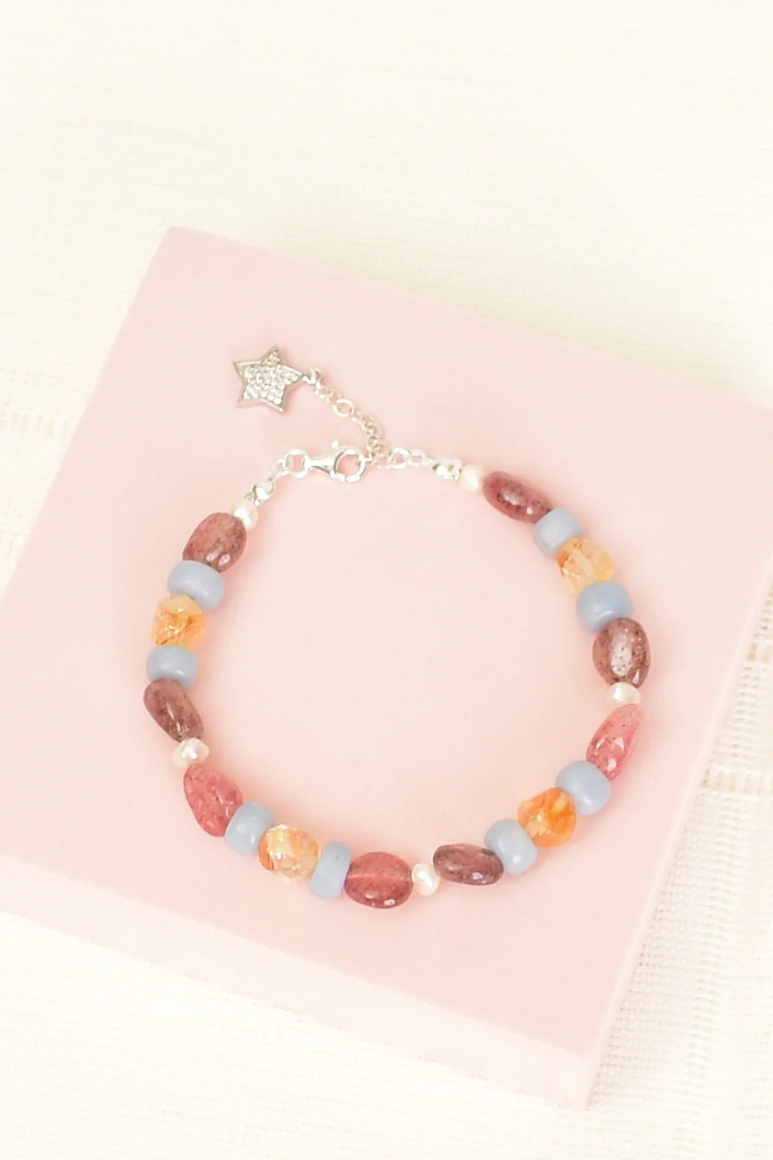 Pearl - Angelite - Citrine - Strawberry Quartz Natural Stone Silver Clasp Bracelet